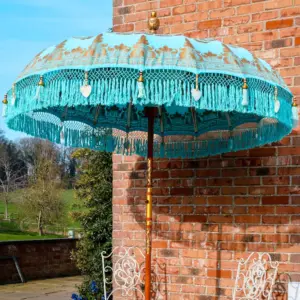 Balinese Round Bamboo Parasol – Aqua Blue and Gold