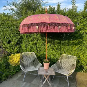 Balinese Round Bamboo Parasol – Rose Pink and Gold