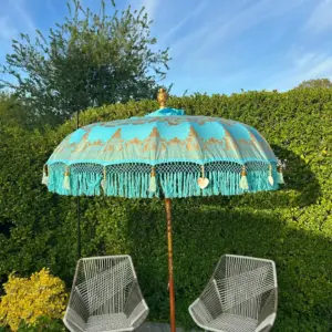 Balinese Round Bamboo Parasol – Aqua Blue and Gold